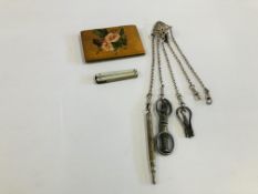 A VICTORIAN CHATELAINE AND A PAIR OF VINTAGE MOTHER OF PEARL FOLDING SCISSORS AND A HAND PAINTED