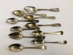 A GROUP OF 10 VARIOUS SILVER TEASPOONS, DIFFERENT MAKERS AND ASSAYS INCLUDING A SCOTTISH EXAMPLE,