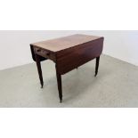 A MAHOGANY DROP SIDE PEMBROOK TABLE 99CM X 110CM.