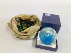 BAG CONTAINING GLASS MARBLES INCLUDING ALLIES AND LARGE BOXED ART GLASS PAPERWEIGHT.