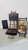 A VINTAGE CHILD'S BOARD & EASEL CHALK AND STOOL ALONG WITH A BASKET OF ASSORTED VINTAGE GAMES TO