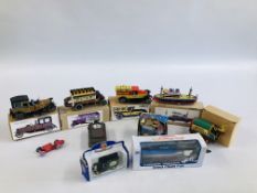 A GROUP OF VINTAGE STYLE COLLECTIBLE MECHANICAL TIN PLATE TOYS TO INCLUDE A BUS, CAR, TANKER,