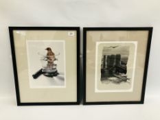 TWO FRAMED PRINTS TO INCLUDE "BIRD IN THE GIN" BEARING INITIALS DWJ 2012 (DEREK JACKSON) W 24.