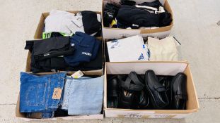 SIX BOXES CONTAINING AN EXTENSIVE QUANTITY OF GENT'S CLOTHING, SHOES, BELTS, WALLETS AND JEANS ETC.