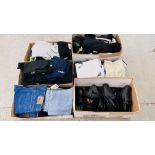 SIX BOXES CONTAINING AN EXTENSIVE QUANTITY OF GENT'S CLOTHING, SHOES, BELTS, WALLETS AND JEANS ETC.