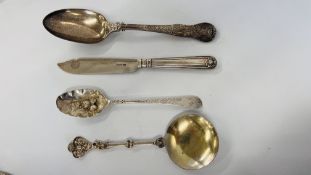 3 VARIOUS SILVER FRUIT SPOONS, GEORGIAN AND LATER, ALONG WITH CAKE KNIFE, SHEFFIELD ASSAY,