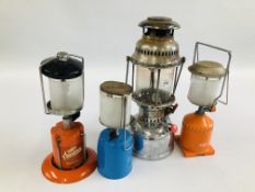 3 GAS TILLY LAMPS ALONG WITH VINTAGE PARAFIN LAMP.