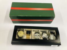 A BLACK FINISH WATCH BOX CONTAINING 5 GENT'S WRIST WATCHES TO INCLUDE CHRISTIAN LARS, EVERTON,