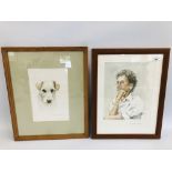 TWO ARTIST SIGNED FRAMED AND GLAZED PASTELS, ONE OF A TERRIER PLUS A PORTRAIT OF A YOUNG MAN.