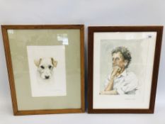 TWO ARTIST SIGNED FRAMED AND GLAZED PASTELS, ONE OF A TERRIER PLUS A PORTRAIT OF A YOUNG MAN.