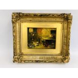 OIL ON OAK PANEL FARM YARD IN ORNATE GILT FRAME 19CM X 14CM.