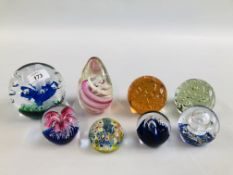 A GROUP OF 8 VARIOUS ART GLASS PAPERWEIGHTS.