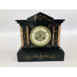 A BLACK ORNATE MANTEL CLOCK HAVING QUARTZ MOVEMENT, W 27CM X H 27CM.