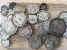 TUB OF PRE 1920 ENGLISH SILVER COINS TO INCLUDE 1819 CROWN, 1904 HALF CROWN ETC., FACE APPROX £1.60.