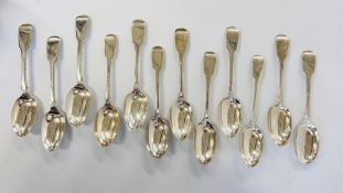 A GROUP OF 12 SILVER FIDDLE PATTERN DESSERT SPOONS, ALL LONDON ASSAY PRE VICTORIAN, VARIOUS MAKERS.