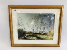 MICHAEL WATERS WATERCOLOUR NORWICH WOODLAND SCENE HOUSEHOLD 27.5CM X 37.5CM.