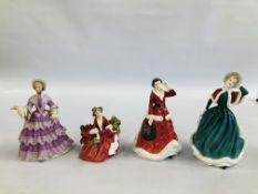 A GROUP OF 4 FIGURES TO INCLUDE ROYAL DOULTON LYDIA HN 1908, ROYAL DOULTON WINTERS DAY HN 3769,