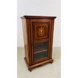 A MAHOGANY AND INLAID SINGLE DOOR CABINET WITH LOWER GLAZED PANEL TO DOOR, W 55CM X D 30CM X H 95CM.