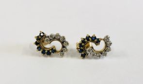 A PAIR OF 9CT GOLD DIAMOND AND SAPPHIRE STUD EARRINGS.