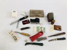 A COLLECTION OF APPROXIMATELY 8 PEN KNIVES, SWISS ARM, SILVER PLATED CIGARETTE BOX,