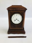 AN ANTIQUE MAHOGANY AND INLAID MANTEL CLOCK WITH ENAMELLED DIAL MOVEMENT MARKED FRANCE JAPY FRERES