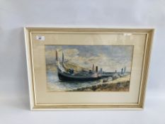 AN ORIGINAL FRAMED WATERCOLOUR DEPICTING MOORED FISHING BOATS BEARING SIGNATURE STEPHENSON,