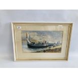 AN ORIGINAL FRAMED WATERCOLOUR DEPICTING MOORED FISHING BOATS BEARING SIGNATURE STEPHENSON,