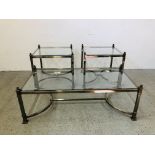 A PAIR OF MODERN DESIGNER METAL CRAFT LAMP / OCCASIONAL TABLES WITH GLASS INSERTS W 55.5CM X D 55.