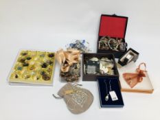 BOX OF COSTUME JEWELLERY TO INCLUDE BANGLES, WATCHES, EARRINGS, NECKLACES ETC.