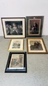 A GROUP OF FIVE FRAMED AND MOUNTED ETCHINGS AND PRINTS TO INCLUDE CRIES OF LONDON "DO YOU WANT MY
