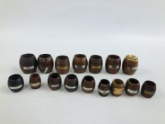 A COLLECTION OF 16 VINTAGE MINIATURE TURNED BARRELS, MANY MILITARY TEAK EXAMPLES.