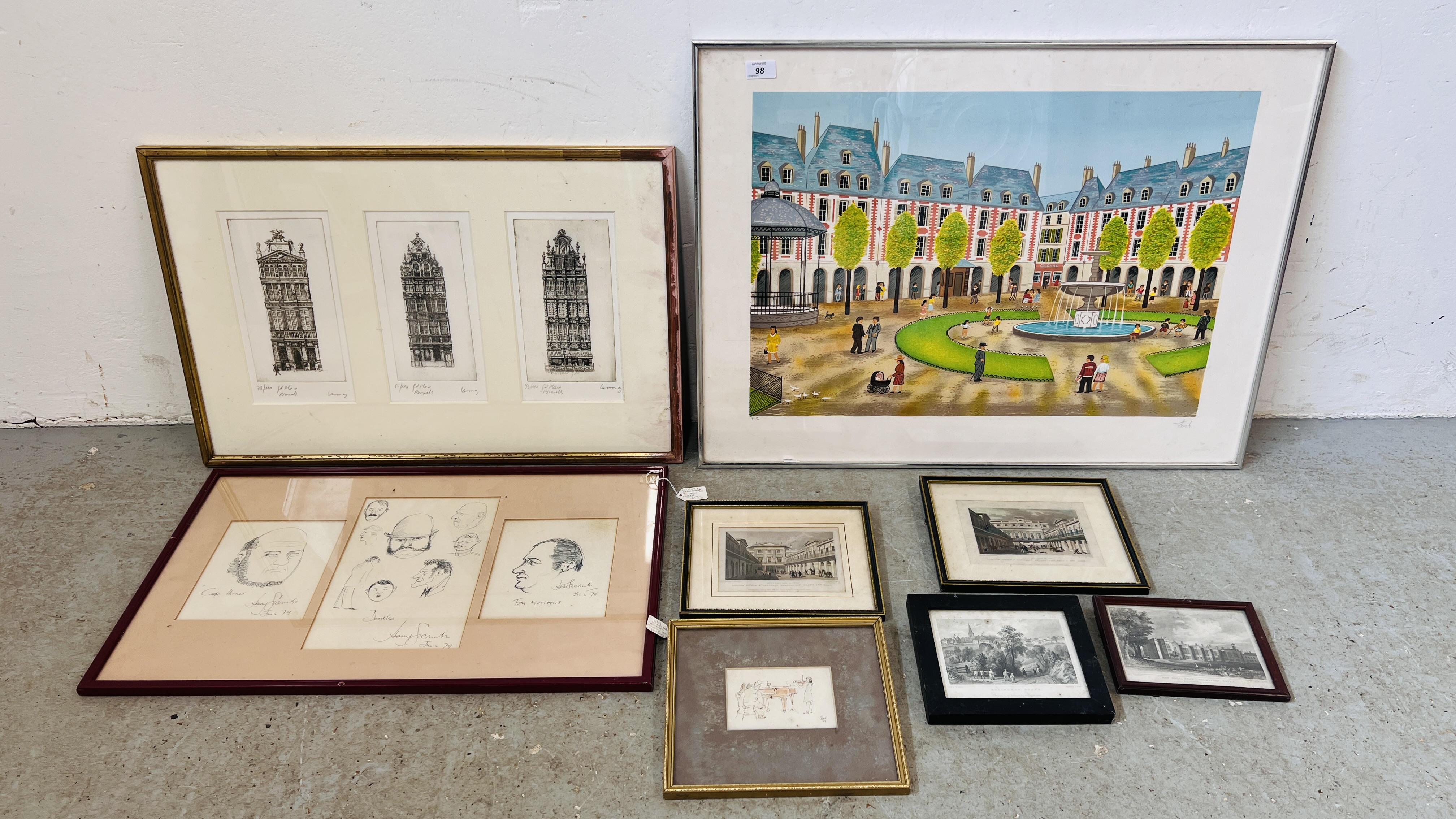 A GROUP OF EIGHT FRAMED PRINTS AND ETCHINGS TO INCLUDE EUROPEAN SQUARE SCENE SIGNED H.