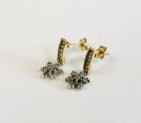 A PAIR OF 9CT GOLD DIAMOND DROP EARRINGS IN A FLOWER HEAD SETTING.