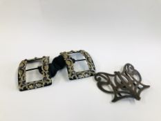 A PAIR OF VINTAGE BUCKLES ALONG WITH A VINTAGE SILVER BUCKLE BIRMINGHAM ASSAY J.W.