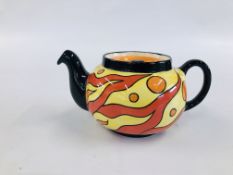 A LORNA BAILEY TEAPOT, RARE "INFERNO" DESIGN, BEARING SIGNATURE - L 20CM X H 10CM.