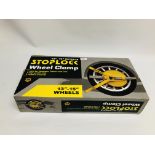 STOP-LOCK 13 INCH - 15 INCH WHEEL CLAMP IN ORIGINAL BOX COMPLETE WITH 2 KEYS.