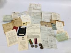 A PAIR OF WW2 MEDALS INCLUDING DOG TAGS, SOLDIERS RELEASE BOOK, WILL,