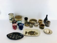 COLLECTION OF STUDIO POTTERY INCLUDING SIGNED, FULHAM, DISHES, JARS, MUGS ETC.