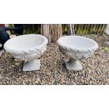A PAIR OF LARGE CLASSICAL BOWL SHAPED PEDESTAL STONEWORK PLANTERS WITH RELIEF SHELL AND FOLIAGE
