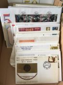 BOX WITH COIN COVERS IN AN ALBUM AND LOOSE, MERCURY, OVERSEAS, I.O.M. ETC (APPROX 65).