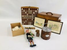 A VINTAGE TWO HANDLED SHOE SHINE BOX, THIMBLE DISPLAY TO INCLUDE ROYAL DOULTON EXAMPLES,