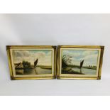 2 FRAMED OIL ON BOARD PAINTINGS BOATS ON A RIVER BEARING SIGNATURE M. CHANDLER 35.5CM W X 26CM H.