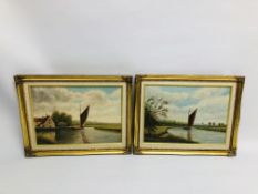 2 FRAMED OIL ON BOARD PAINTINGS BOATS ON A RIVER BEARING SIGNATURE M. CHANDLER 35.5CM W X 26CM H.