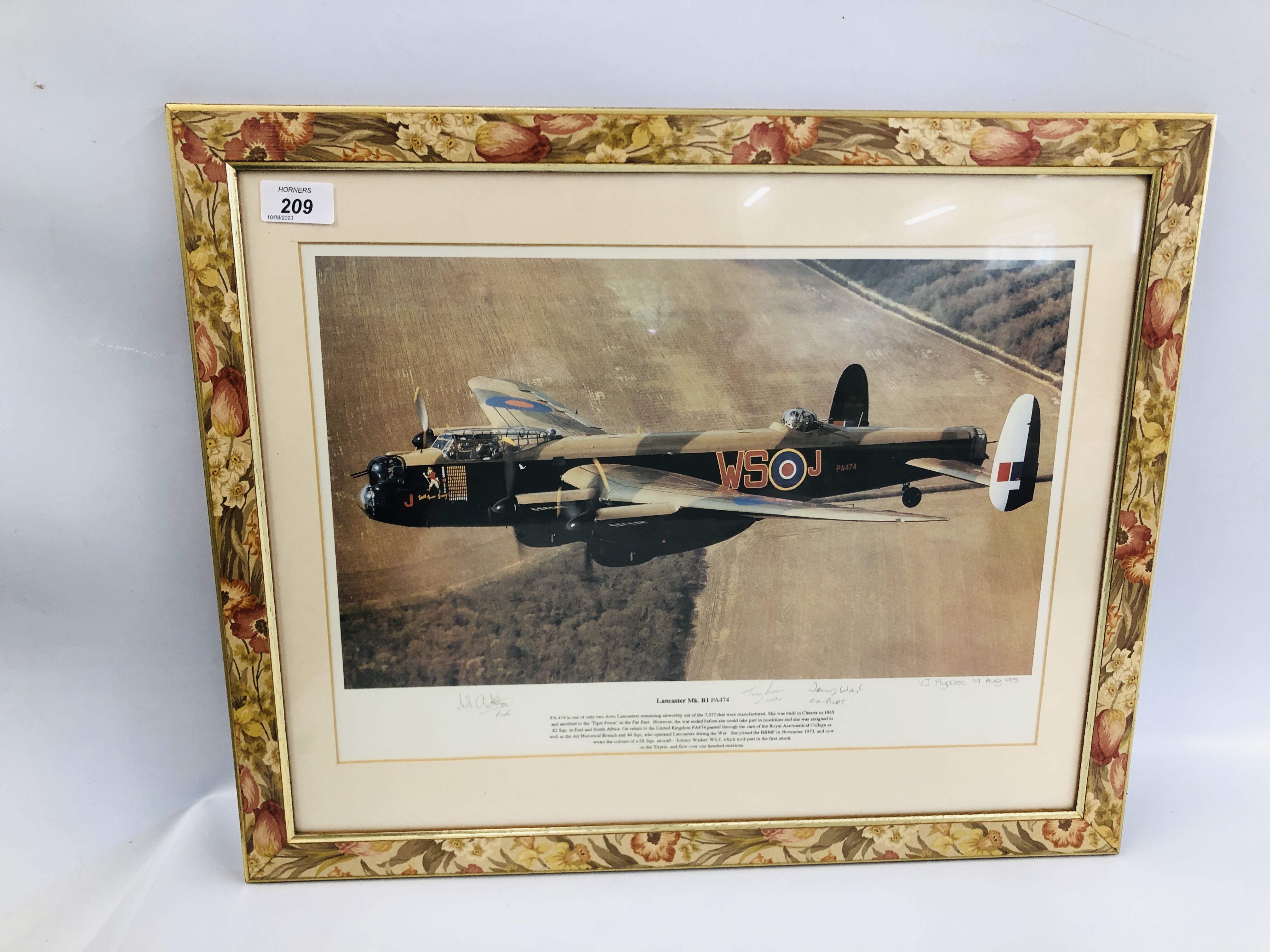 A MOUNTED PRINT OF THE LANCASTER MK B1 Pa474 VJ FLYPAST 19TH.