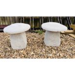 TWO REPRODUCTION STONEWORK STADDLE STONES, HEIGHT 44CM, DIAMETER 44CM.