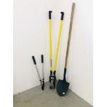 A PAIR OF LONG HANDLED POST DIGGING SPOONS ALONG WITH LONG HANDLE DIGGING SPADE AND LOPPERS.