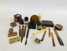 A GROUP OF VINTAGE INKWELLS TO INCLUDE BAKELITE AND TRAVELLING EXAMPLES + A GROUP OF COLLECTIBLES