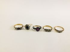 A 9CT GOLD LADIES DIAMOND SET RING (THE CENTRAL STONE MISSING) + TWO ROLLED GOLD EXAMPLES,