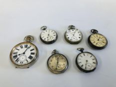 A GROUP OF SIX VARIOUS POCKET WATCHES TO INCLUDE TWO SILVER CASED EXAMPLES,