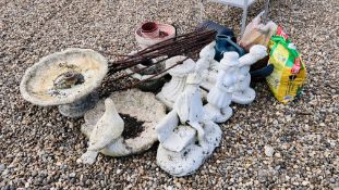 QUANTITY OF DECORATIVE GARDEN STONEWORK TO INCLUDE BIRD BATH AND FIGURES PLUS GARDEN POTS AND